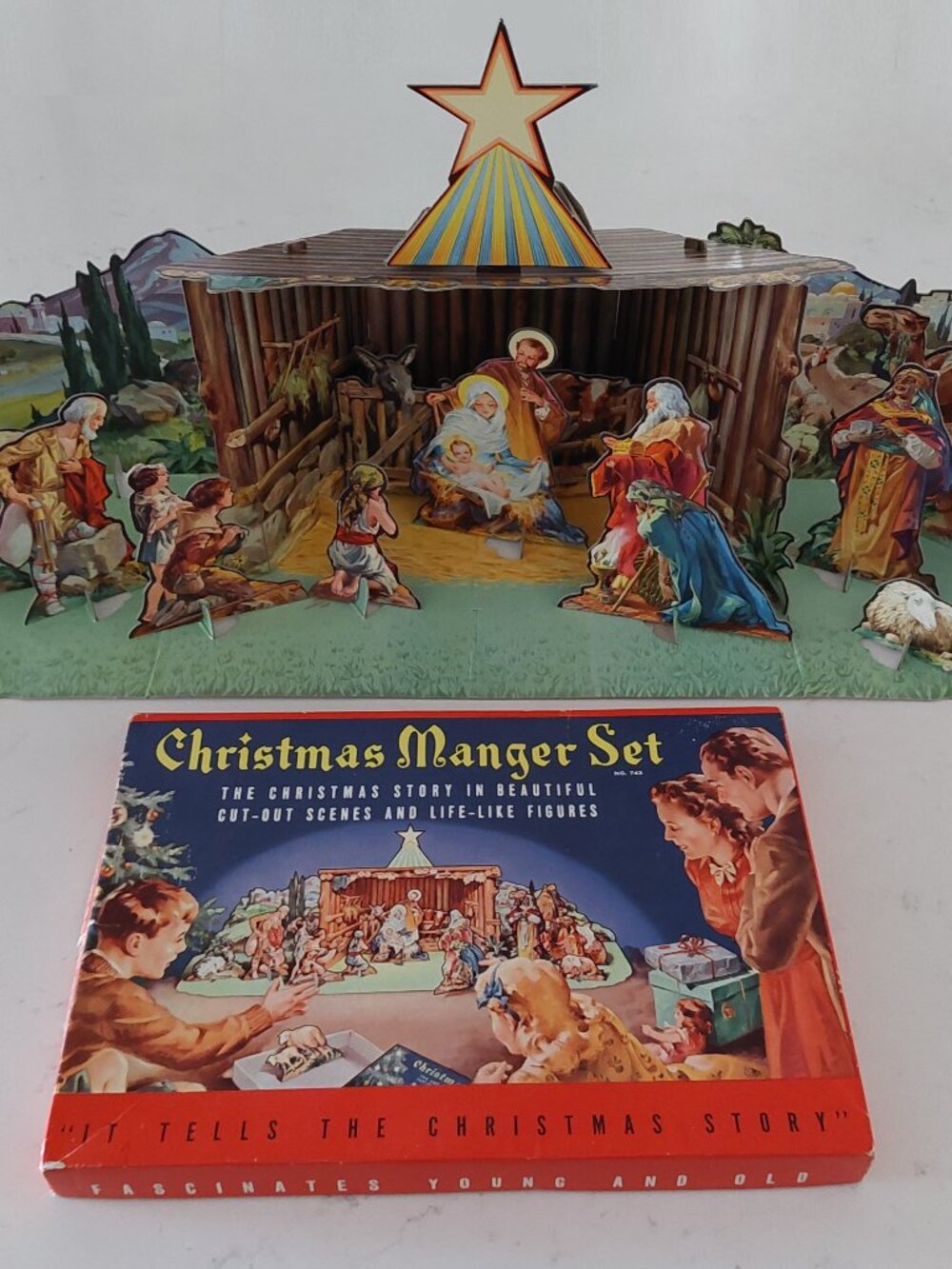 Vintage 1940's Christmas Nativity Manger Set Cardboard Die Cut Out Cardboard